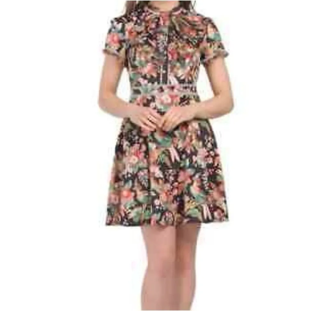 Dalia Macphee Pink and Red Puff Sleeve Mini Dress with Mandarin Collar M Size M - Image 12