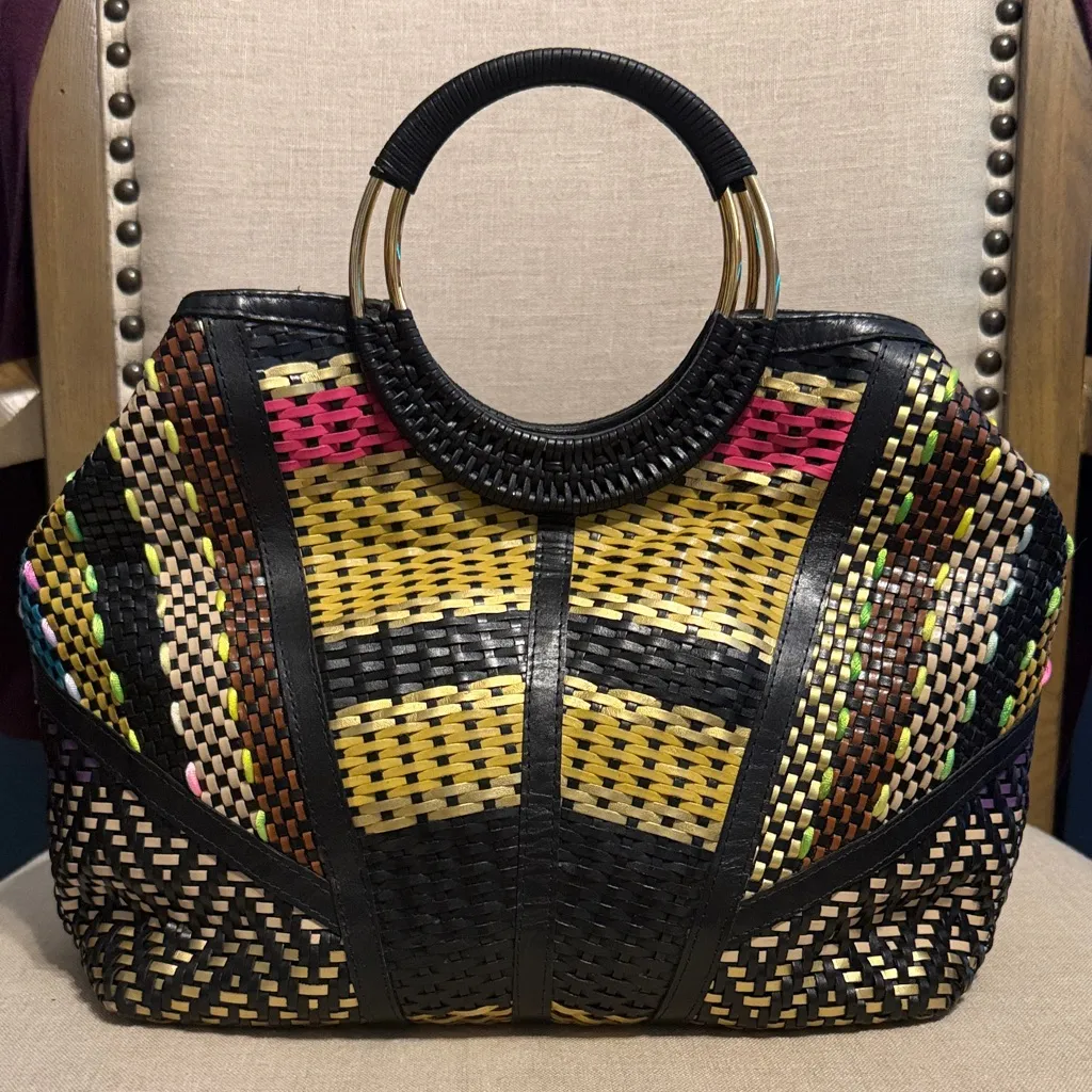 Sharif Multicolor Leather Woven Tote Black - Image 4