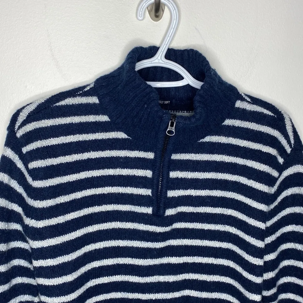 American Eagle Seriously soft striped wool blend mockneck quarter zip sweater M - Image 42