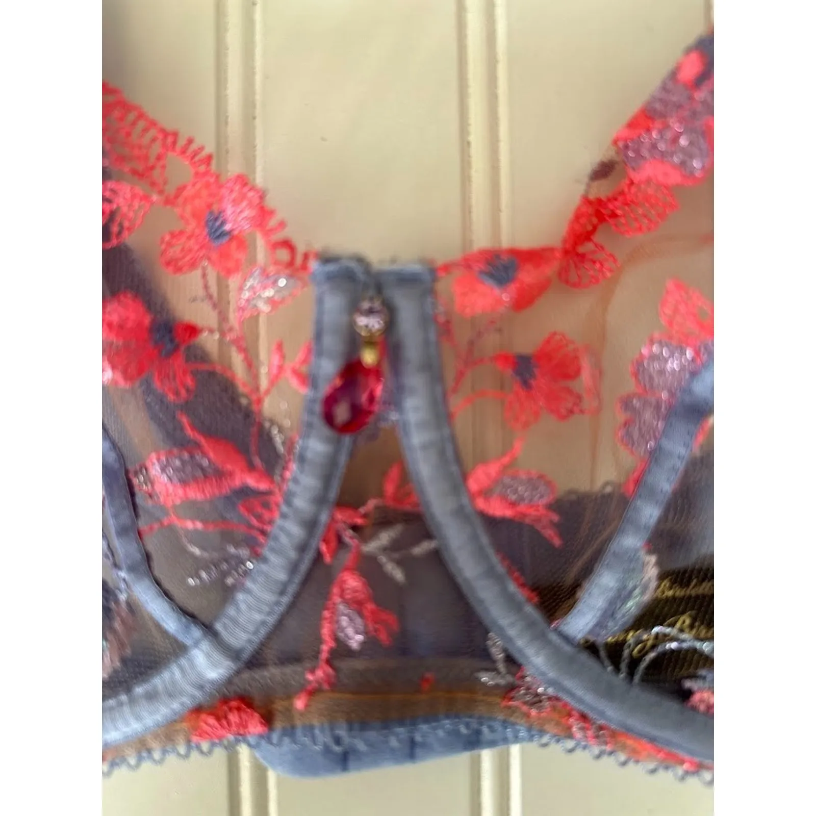 Honey Birdette Isabella Bra 38DDD/F Lingerie Embroidered Floral Sheer Underwire Purple Size undefined - Image 4