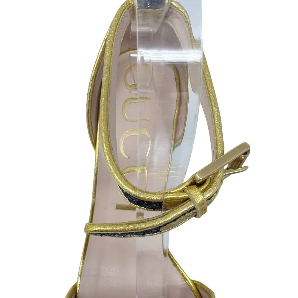 GUCCI Soko Bee Blue Glitter Platform Heels Gold
Trim Ankle Strap Size 38.5 - Image 3