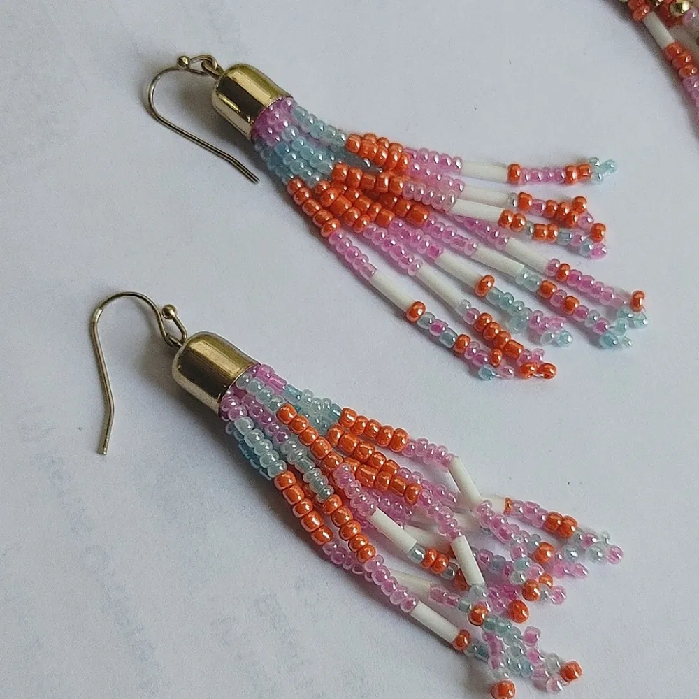 Tribal Boho Chic Seed Bead Necklace & Earrings Set Gold - Image 4