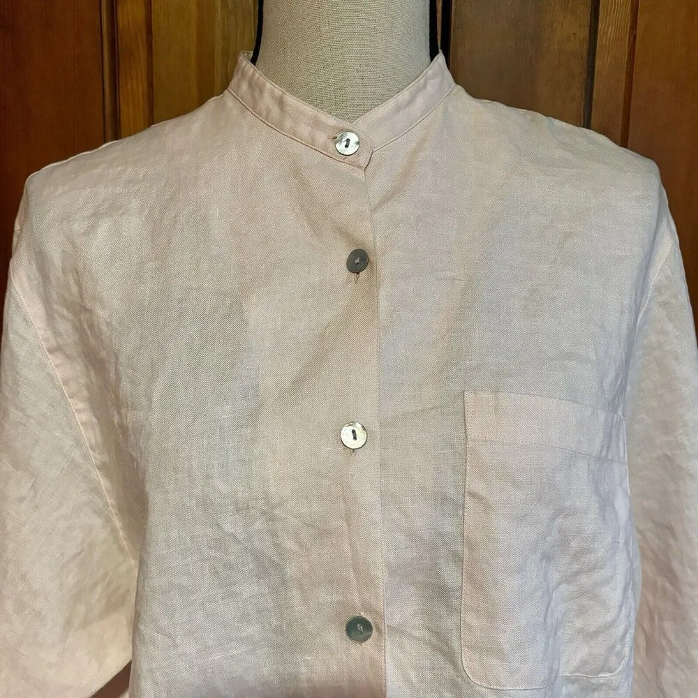 Rafaella Linen Button Down Shirt Pink Size Medium Collarless Work Casual - Image 2