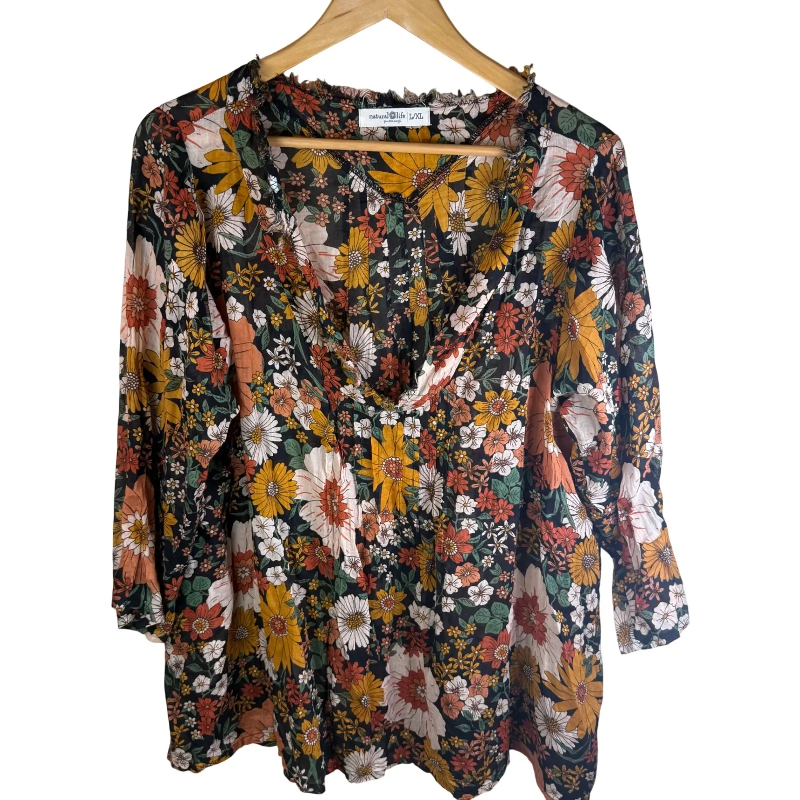 Natural Life Womens L/XL Floral Print Peasant Boho Blouse Frayed Neckline Hippie - Image 3