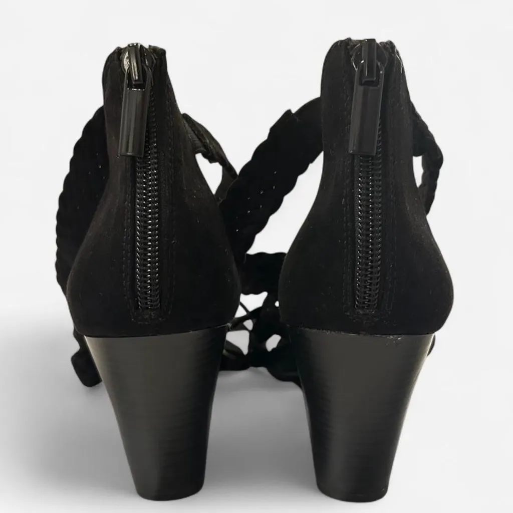 Kaari Blue | Black Braided Strappy Heels | Size 10 | Zip Back Wedge Sandals - Image 4