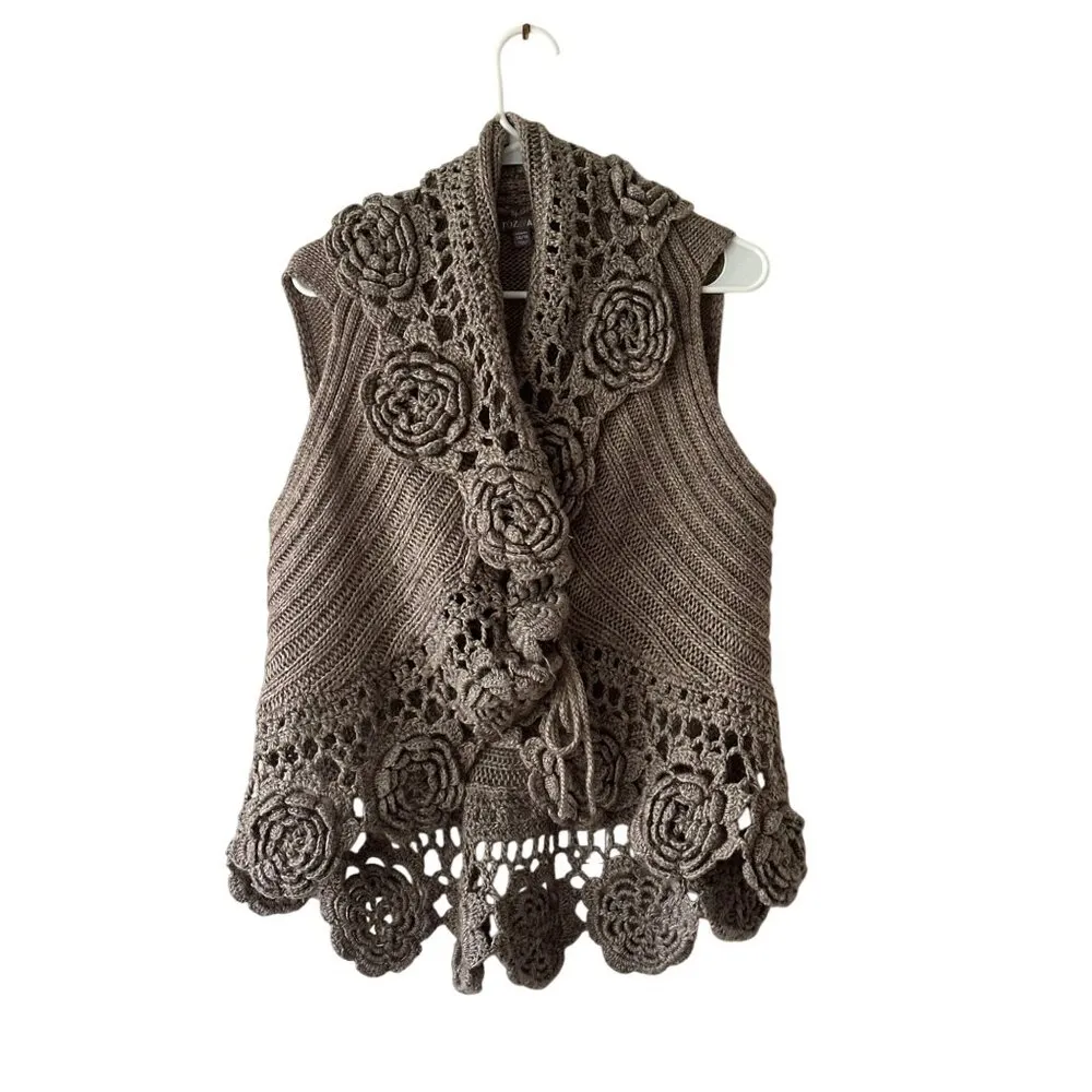Roz & Ali Womens Crochet Knit Floral Vest 14/16 Wool Blend Sleeveless Open Front - Image 8