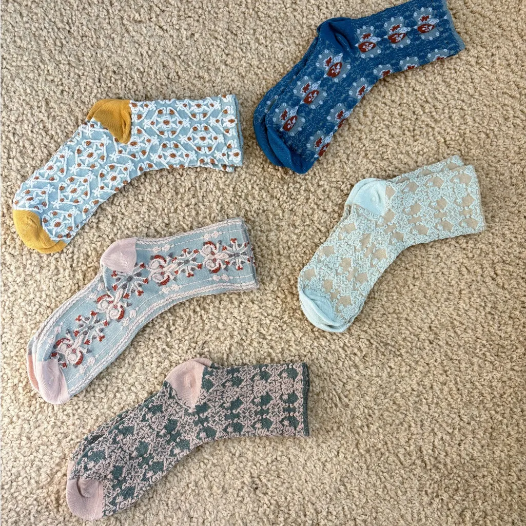 5 Pairs Vintage Style Floral Embroidered Crew Socks Lace Knit Thick‎ Warm New Green - Image 3