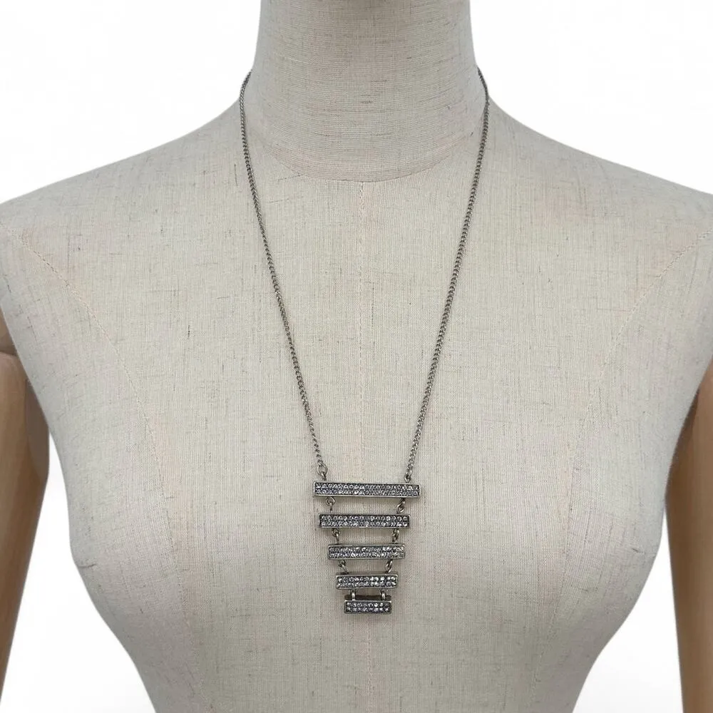 Mark by Avon Statement Necklace Silvertone Rhinestone Stacked Geometric Pendant Silver - Image 3