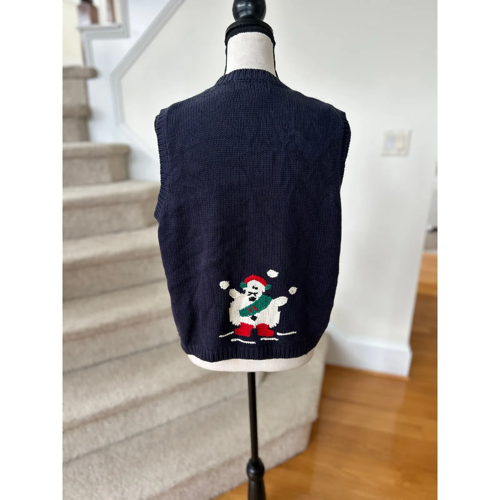Vintage 90s Christmas Tree Navy Red Green Sweater Vest Snowman Lights Poinsettia Blue Size L - Image 3
