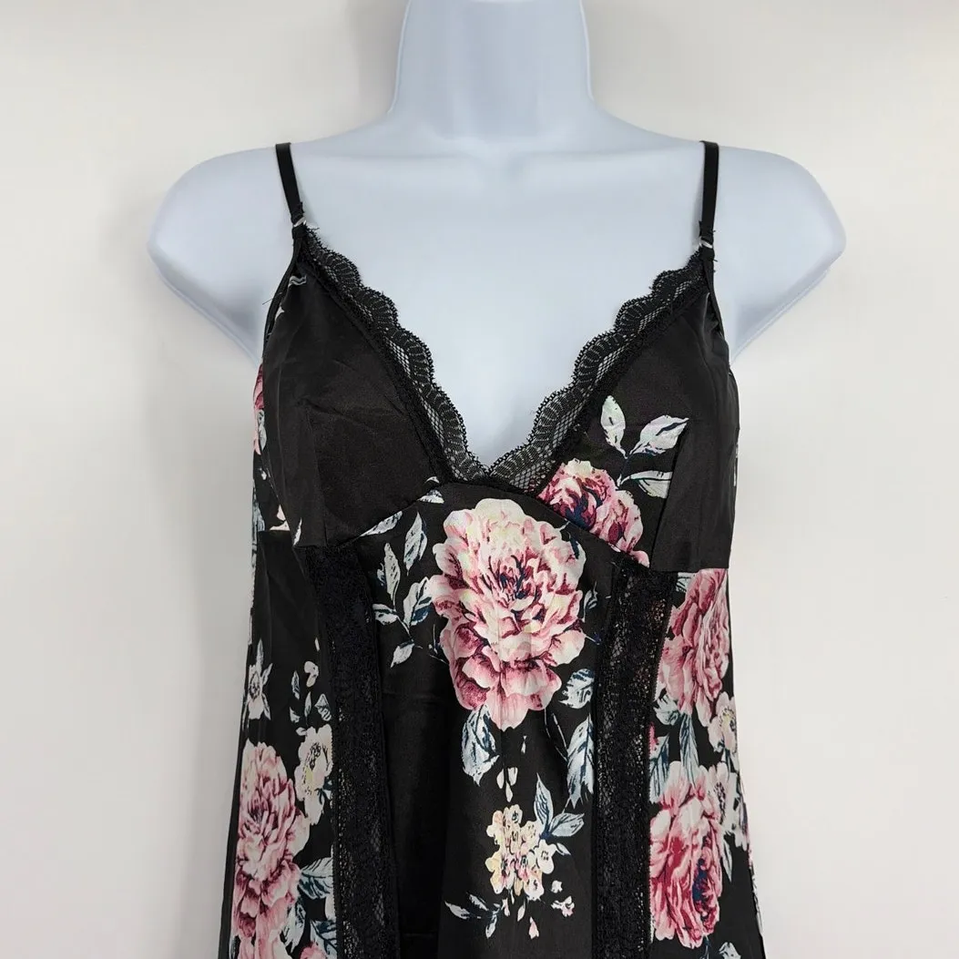 Black Floral Slip Dress Sz M Whimsigoth Slits Y2K Romantic Fairy Grunge Lace - Image 3