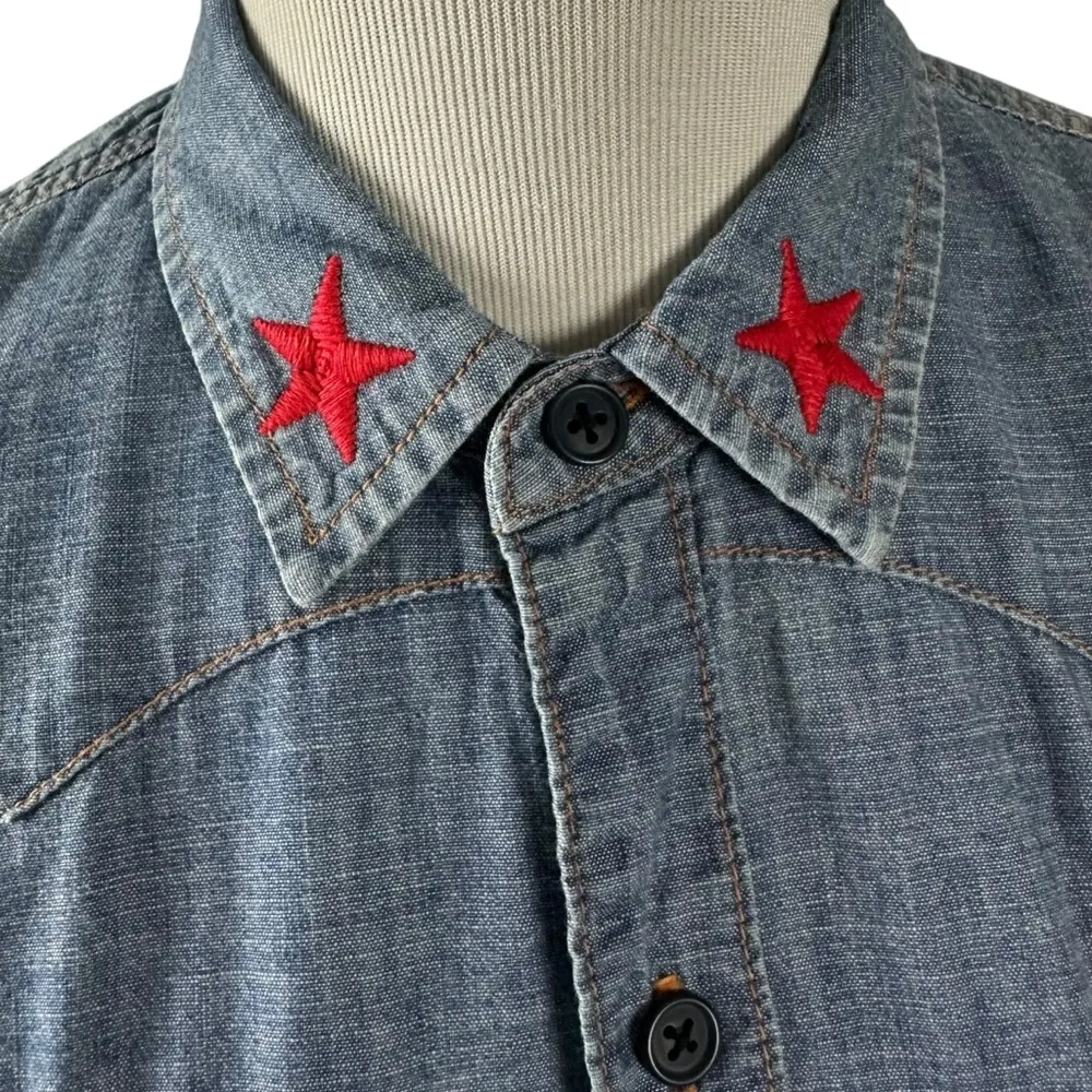 Retro Y2K Lucky Brand Western Embroidered Tattoo Denim Shirt Small California - Image 6