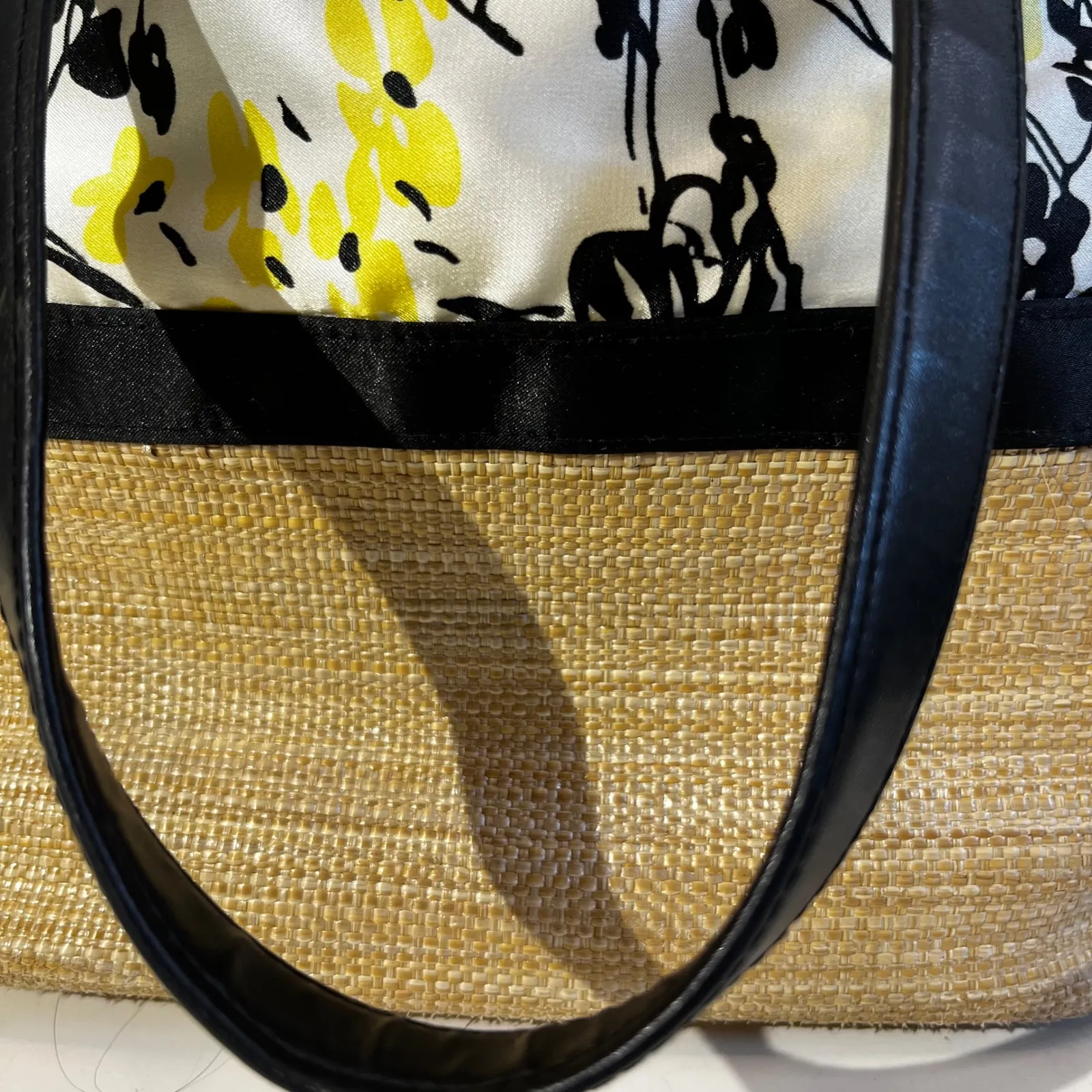 Floral Straw Tote Bag Yellow Black & White Purse Handbag Hobo Indie - Image 5