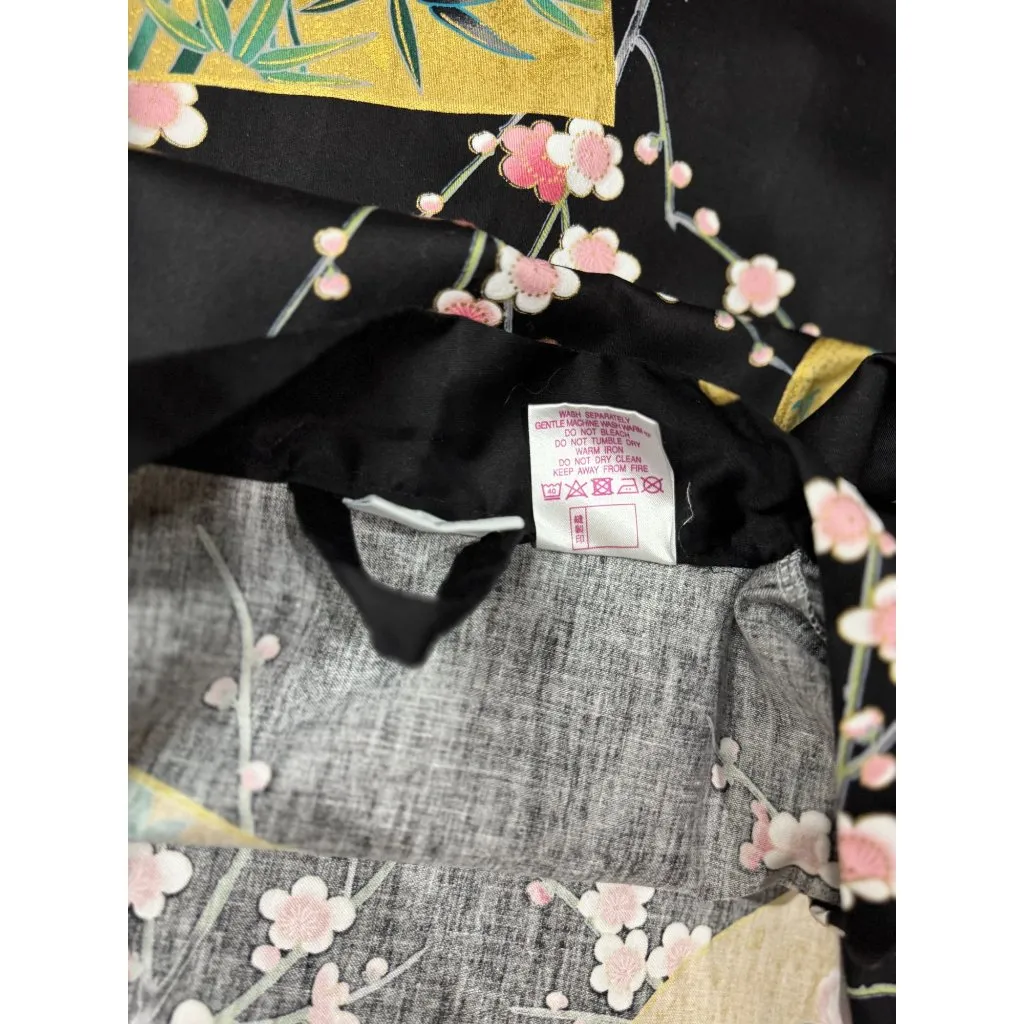 NEW Smithsonian S Black Kimono Robe Floral Fan Crane Yukata Made Japan - Image 12