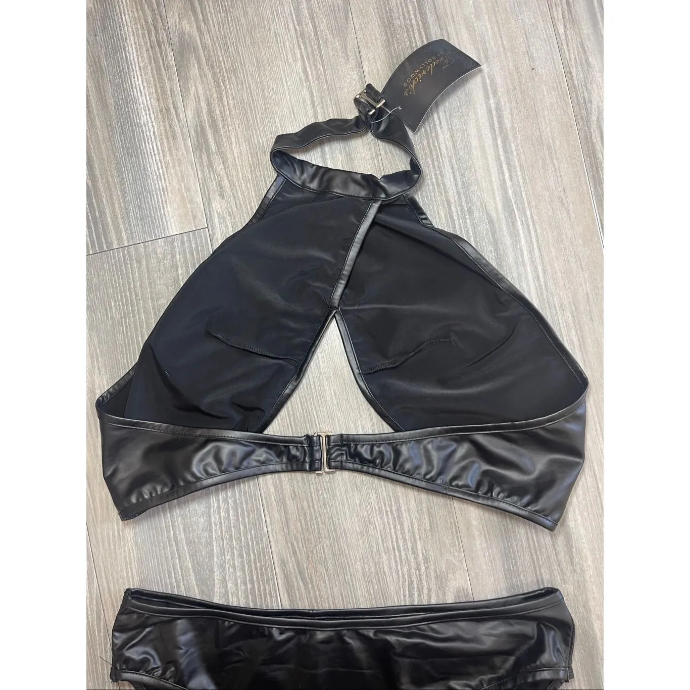 NWT Fredrick’s of Hollywood black faux leather halter top lingerie bikini set Si - Image 6