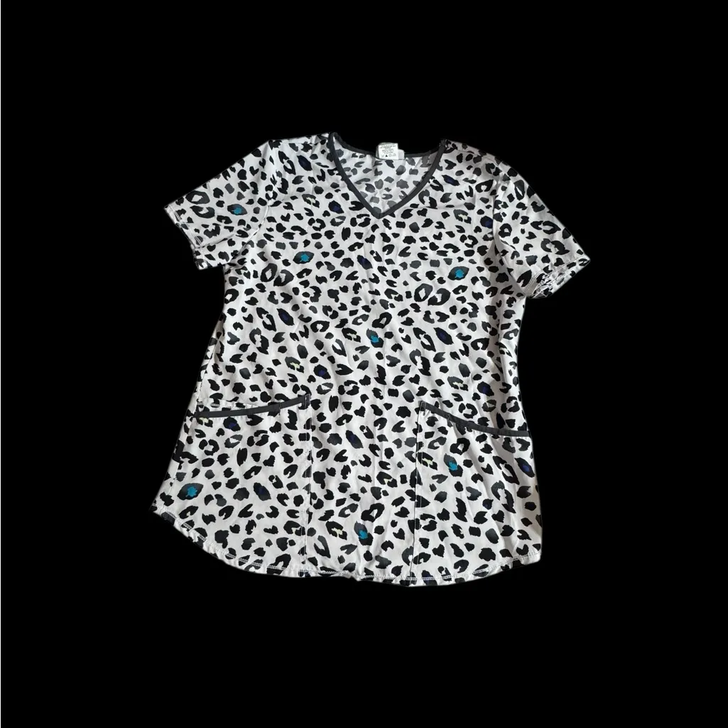 Scrubstar Black and White Animal Print V-Neck Top - Image 2