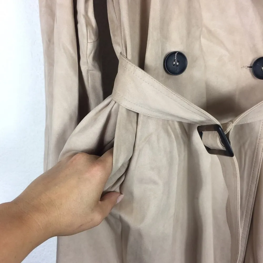Zara Tan Trench Coat XS Faux Suede Double Breasted Belted Classic Mid Length - Image 11