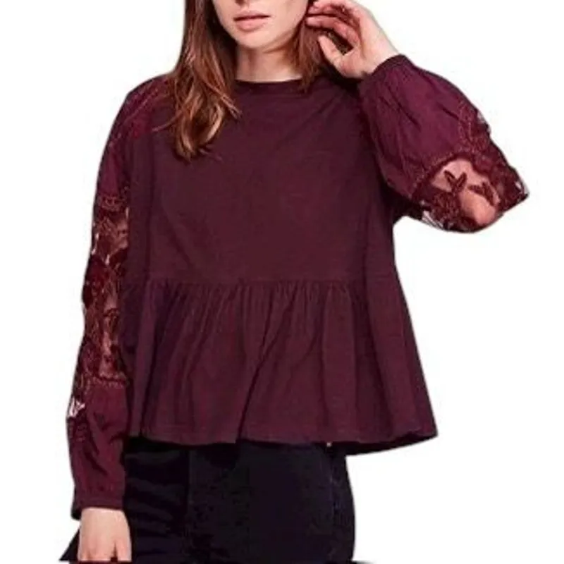 Free People Maroon Metallic Peplum Blouse Women's Top Size Small | 31-34-3 - Image 6