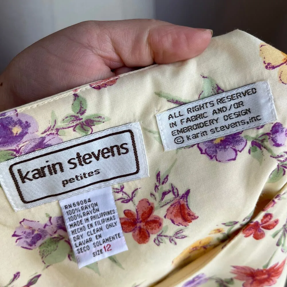 Vintage Karin Stevens Butter Yellow Floral Waist Tie A Line Dress Size 12 - Image 7