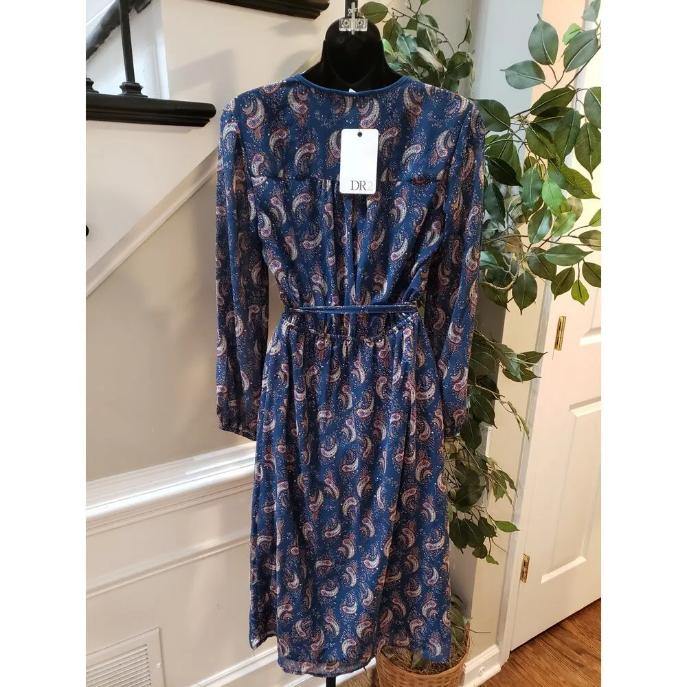 DR2 A Line Dress Women Navy Paisley Tie Waist Long Sleeve V Neck Button Front XS Blue - Image 3