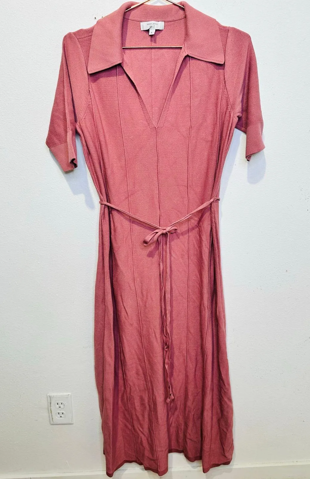 ADAM LIPPES COLLECTIVE Pink Knit Collared Neckline Tie Waist Dress Size Large - Image 3