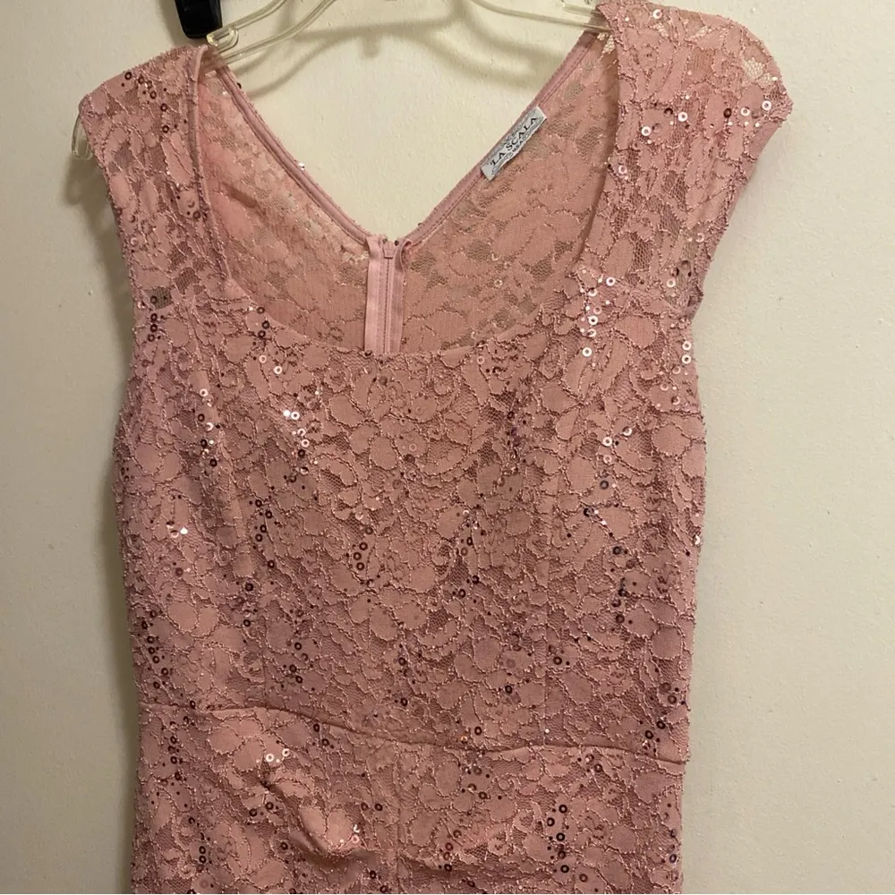 La Scala Rose Gold Pink Lace Maxi Dress M Medium Bust 36” Length 57” - Image 2