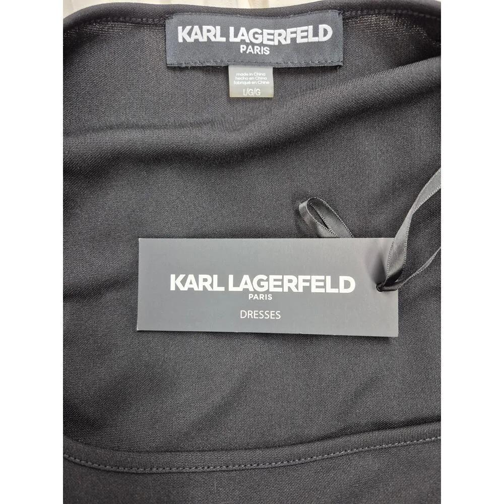 NWT $158. KARL LAGERFELD PARIS pleated skirt dress Blk/Tan/Cream Sz L Black Size L - Image 5