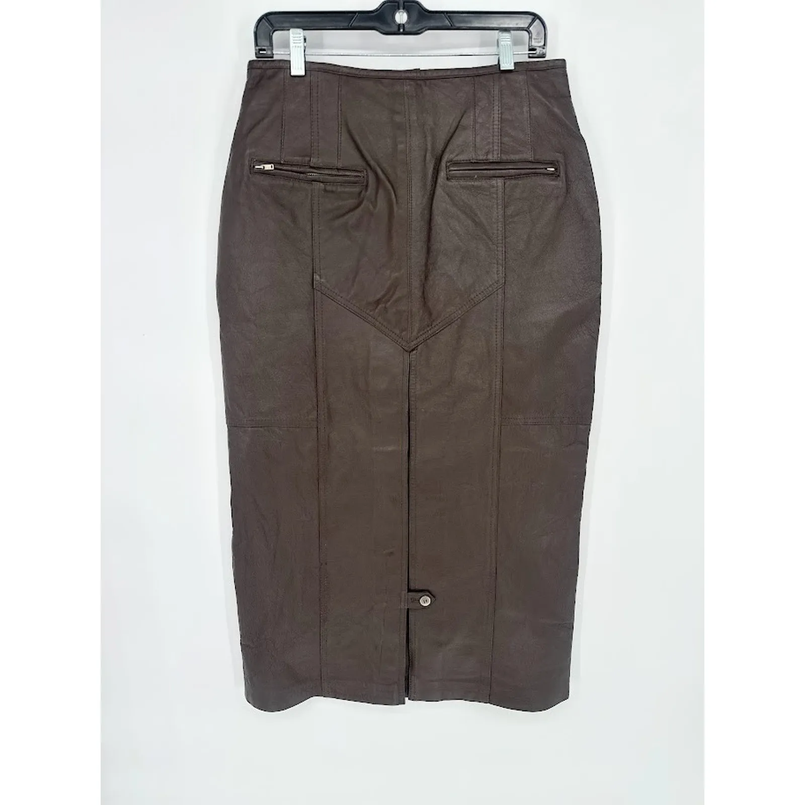 Vintage Y2K Real Leather Maxi Skirt Sz 14 Brown Button Front 90s Rare Minimalist - Image 3