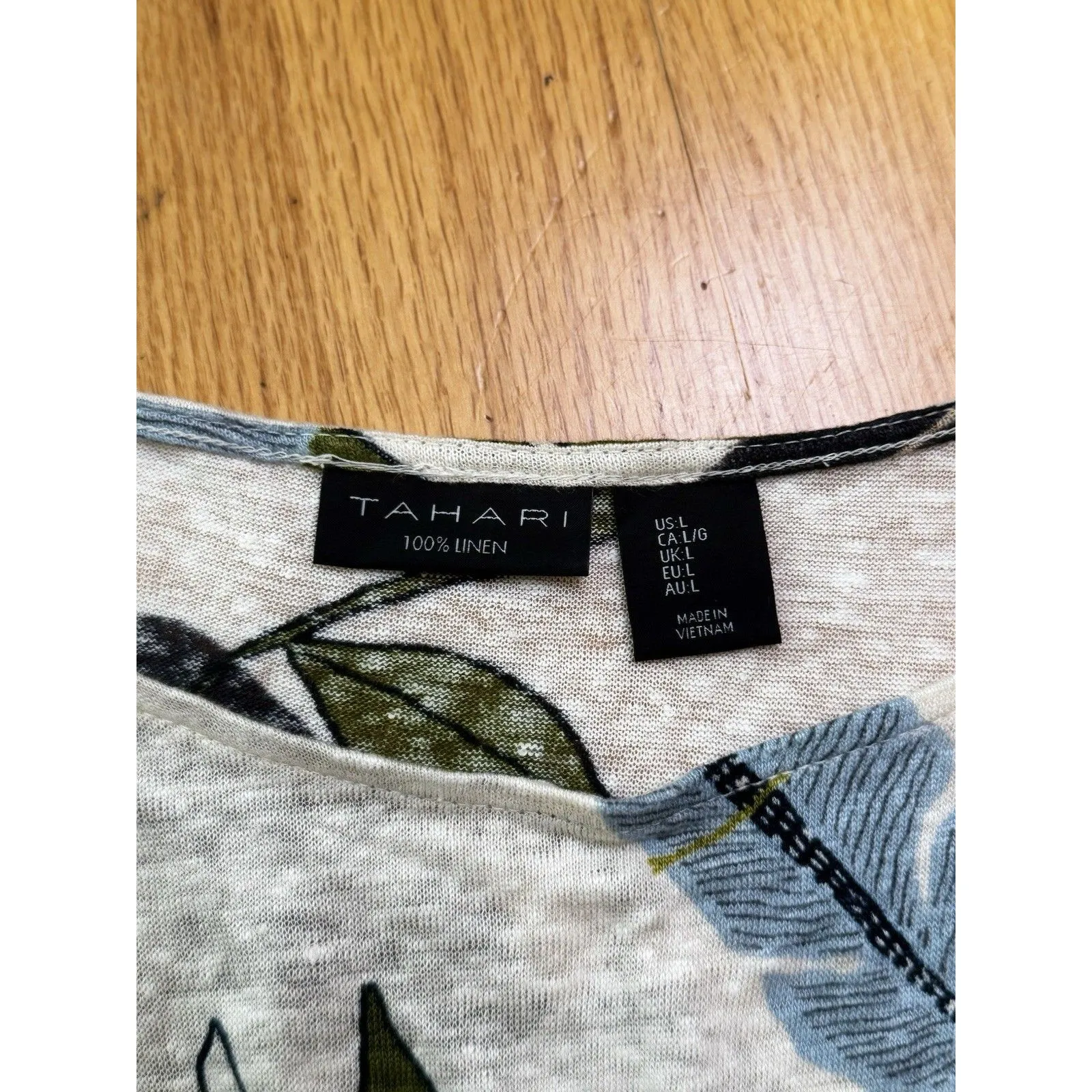 Tahari Women's 100% Linen Short Sleeve Blouse Top Tropical Leaf Print Cream Sz L - Image 5