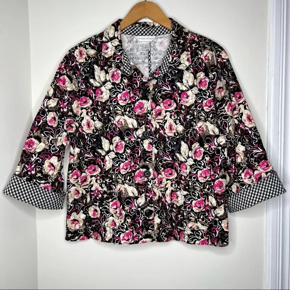 Christopher & Banks Floral button up Blouse Short Jacket gingham trim Large READ - Image 1
