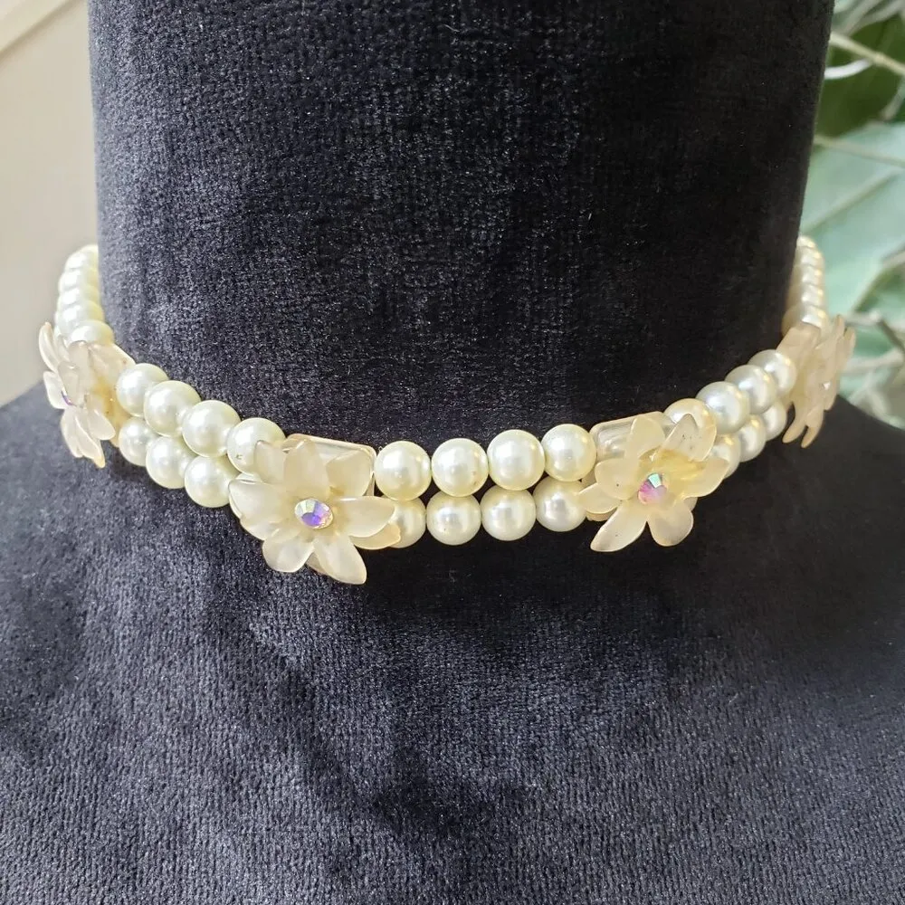Women's 2 Strand Ivory Pearl Beads Accessories Flower Necklace with Toggle Clasp - Image 2