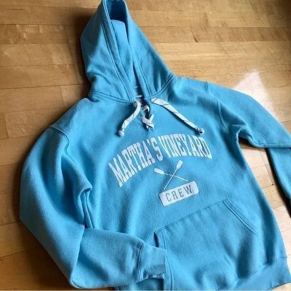 Martha’s Vineyard Crew Collegiate Sweatshirt Hoodie, Aqua Blue, White, Size S Blue - Image 1