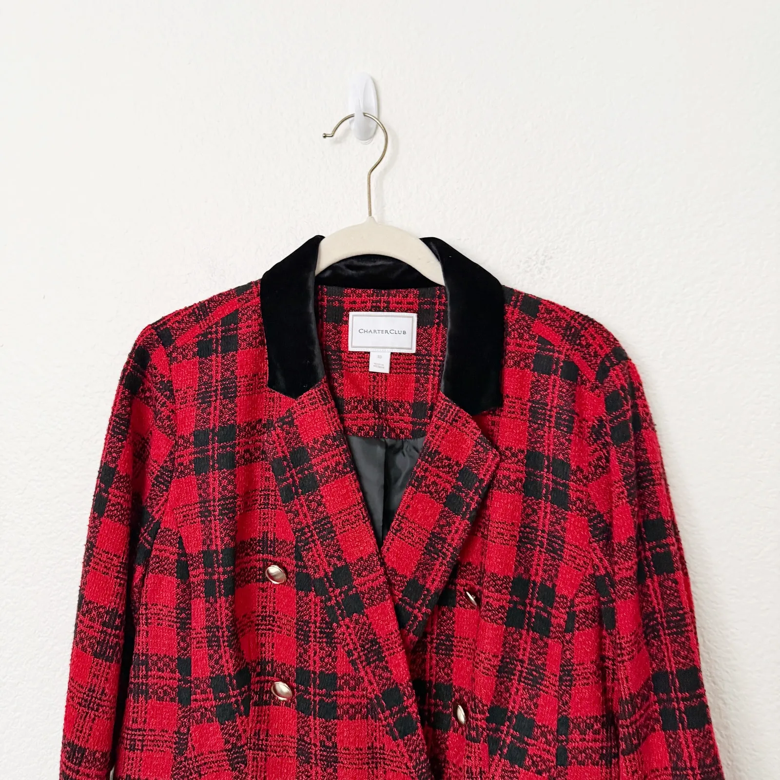 [Charter Club] Red Black Tartan Plaid Double Breasted Blazer Jacket Holiday 10 - Image 4