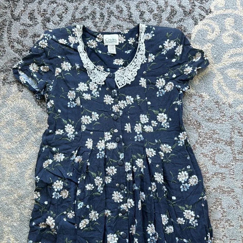 Vintage Cristin Stevens Floral Button Down Dress Navy Medium Blue - Image 3