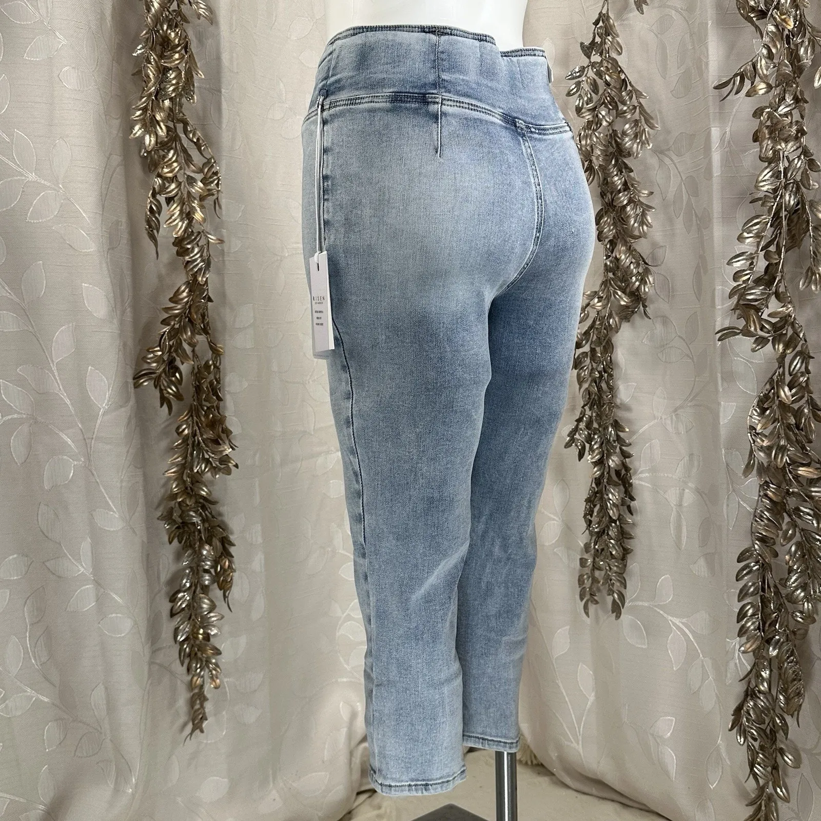 Risen Jeans Women’s 5/27 Light Wash Crossover‎ Waist Crop Denim Capri Acid Wash Blue - Image 5