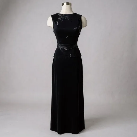 Vintage 90s Wrapper Velvet Maxi Skirt & Tank Top Set Black Floral Burnout S/M - Image 6