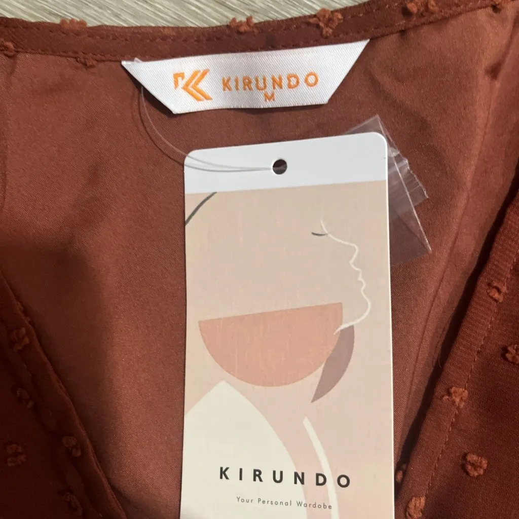 KIRUNDO M Rust Orange Fall V Neck Flowy Swiss Dot Loose Casual Short Dress Size M - Image 2