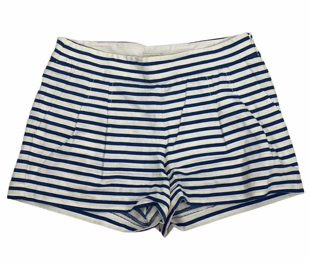 J. Crew Factory Sz 4 Shorts Linen Blend High Rise Pleated Nautical Stripe Womens Blue - Image 2