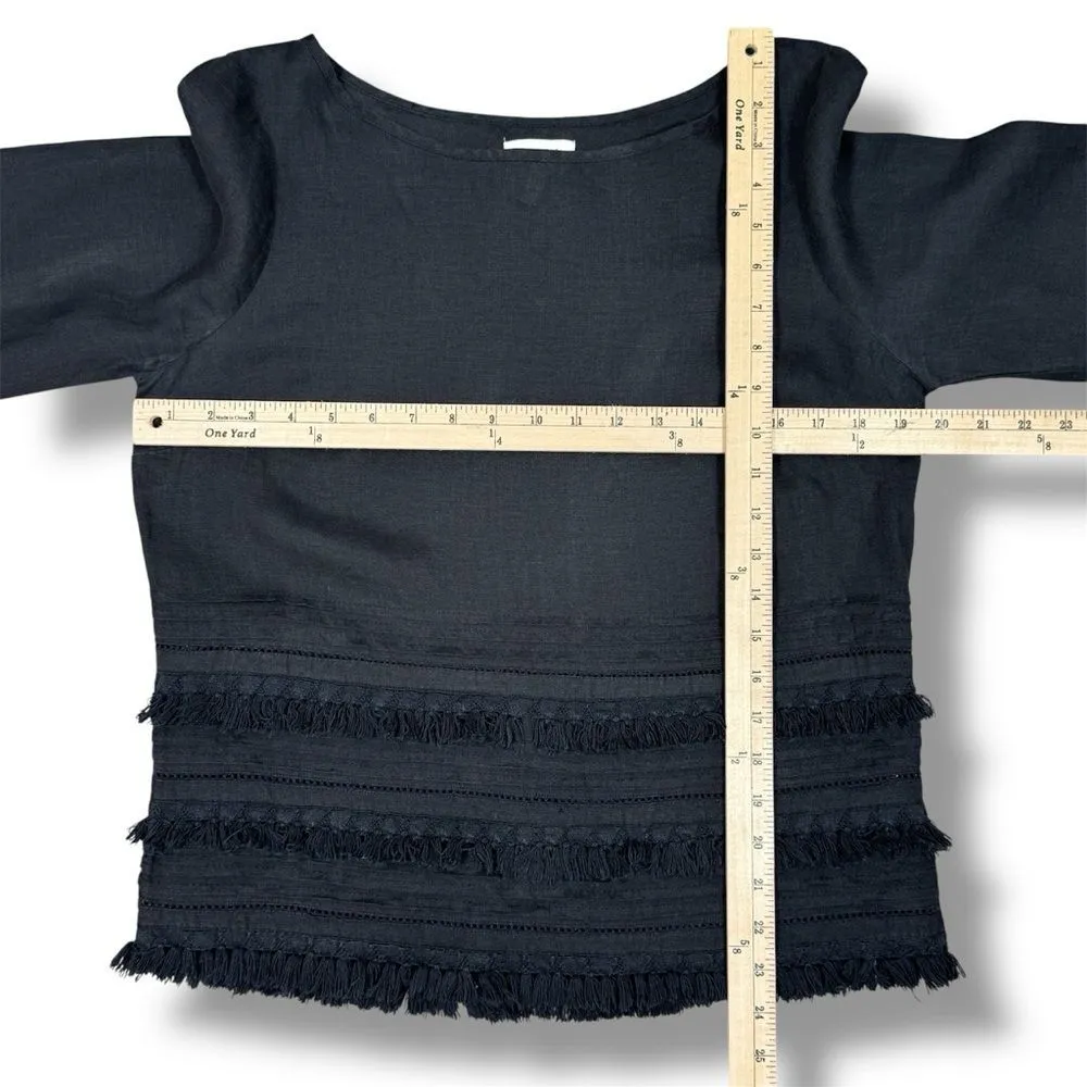 Anthropologie Meadow‎ Rue Olathe Tiered Fringe Hem Linen Boxy Shirt Black Small - Image 11