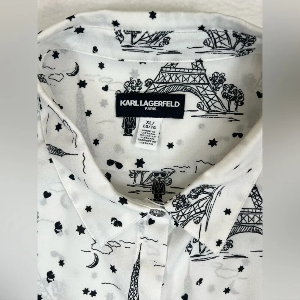 PARIS Whimsical Long Sleeve Top XL Button Down Eiffel Tower Sheer - Image 11