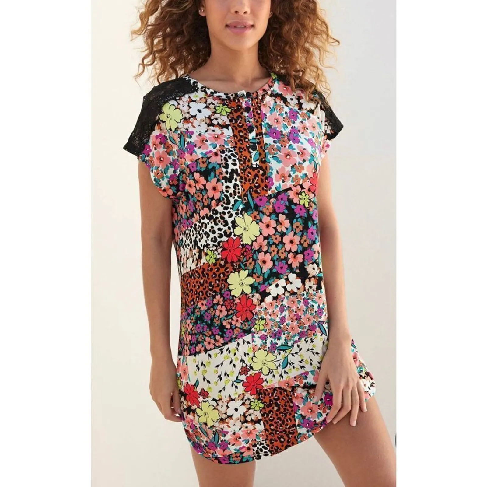 Venus Lacy Colorful Floral Henley Night Shirt Gown 1X NWT Sleepwear‎ Bohemian - Image 2