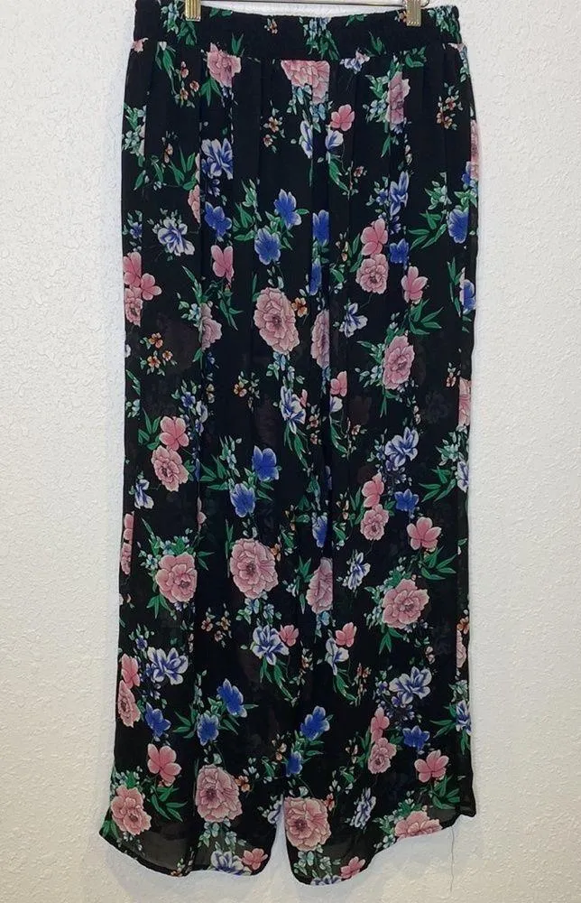 Torrid Black Floral Chiffon Pants Sz 12 Sheer Elastic Waistband Wide Leg Women’s - Image 4