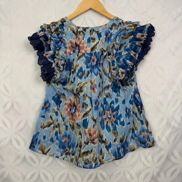 House of Harlow‎ 1960 Size S Zoey Floral Cotton Ruffle Flutter Sleeves Top Blue - Image 10