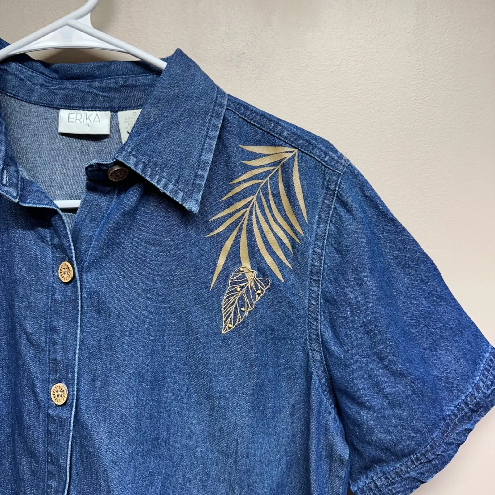 ERIKA Womens Short Sleeve Denim Shirt Gold Leaf Print Button Up Casual Top - Image 4