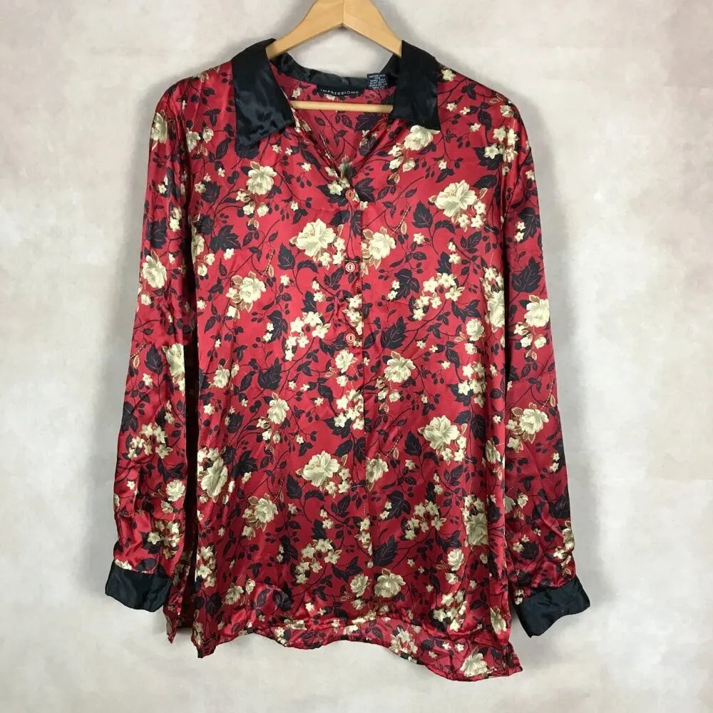 Vintage Oriental Floral Satin Long Sleeve Lounge Pajama Shirt XL - Image 4
