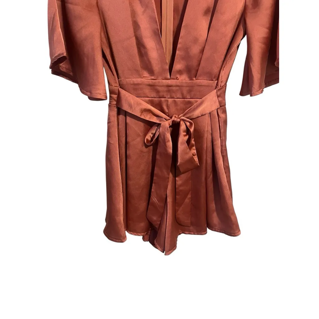 36 Point 5 Romper Womens S Pink Brown Short Bell Sleeve Tie Waist Zip Satin - Image 4