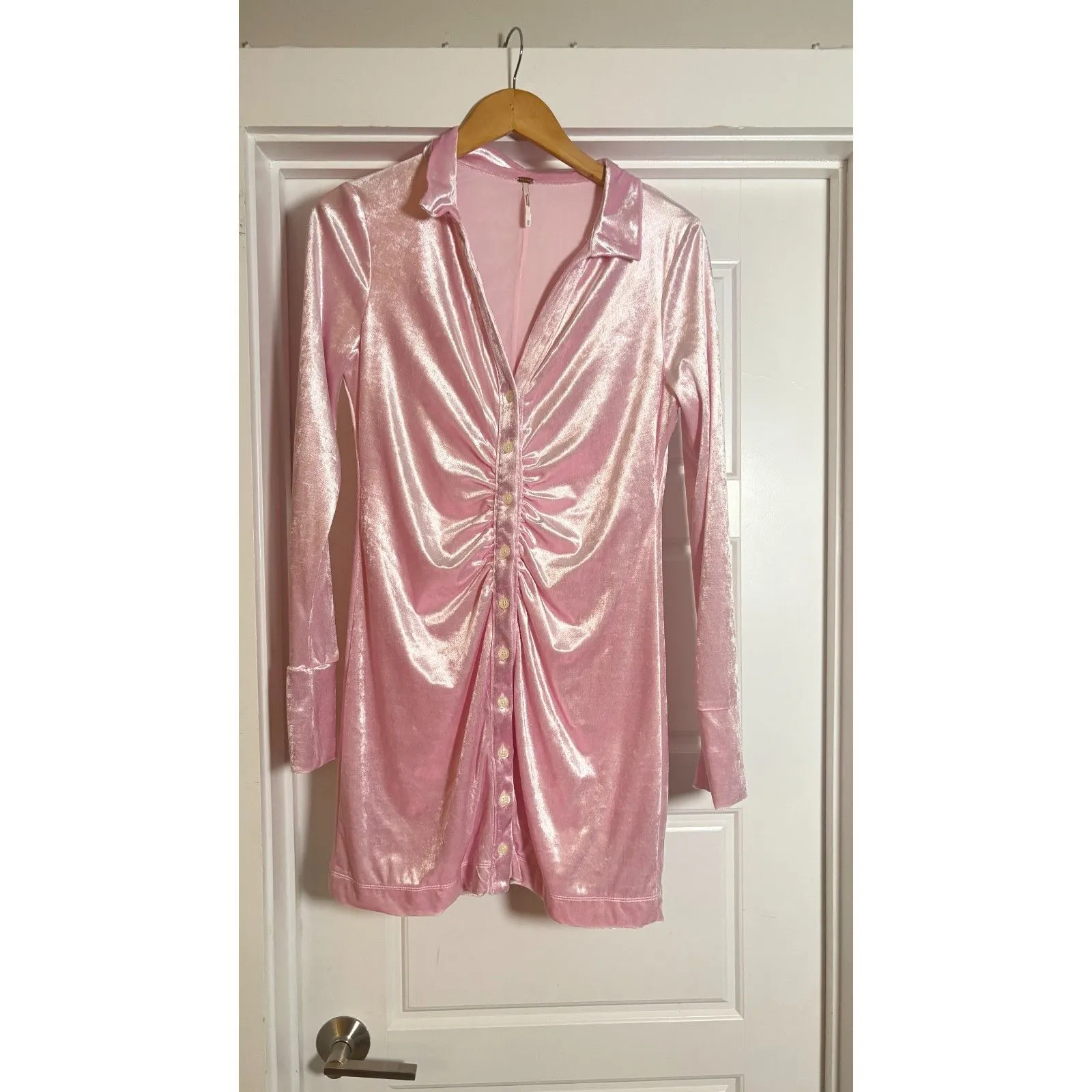Free People Shayla Velvet Ruched Mini Dress Collar Long Sleeves Icy Pink M - Image 4