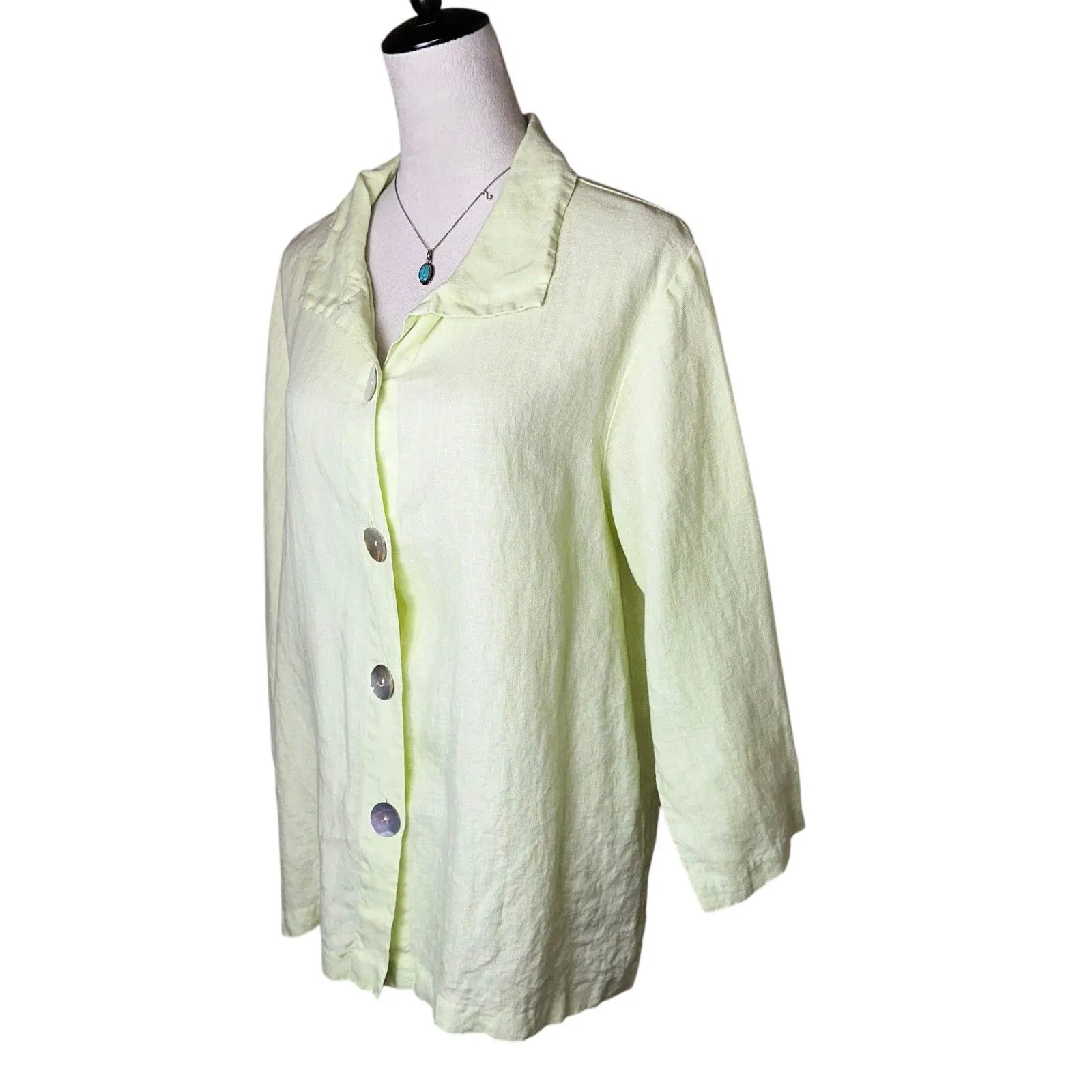 Habitat Linen Button Front Top Pistachio Green L | Made in USA Coastal Grandma - Image 4