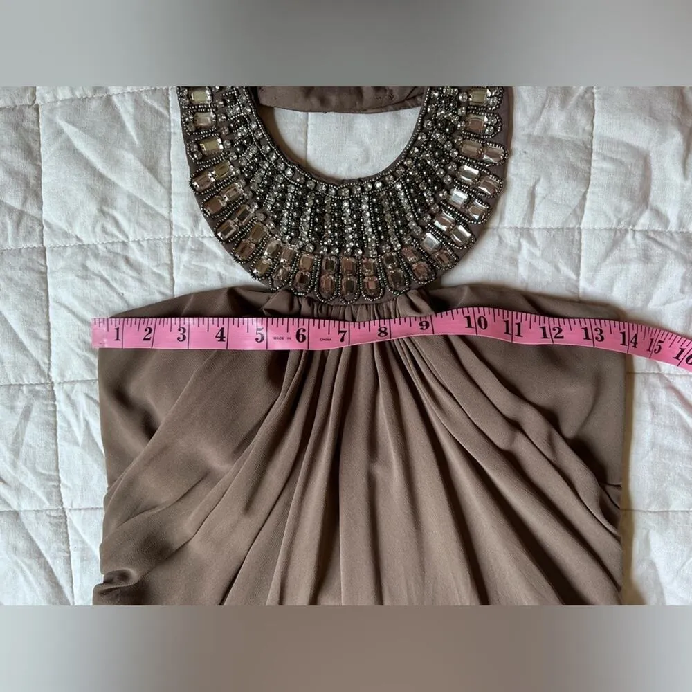NWT LM Collection Brown / Taupe Beaded Halter Neck Empire Waist Formal Dress - Image 3