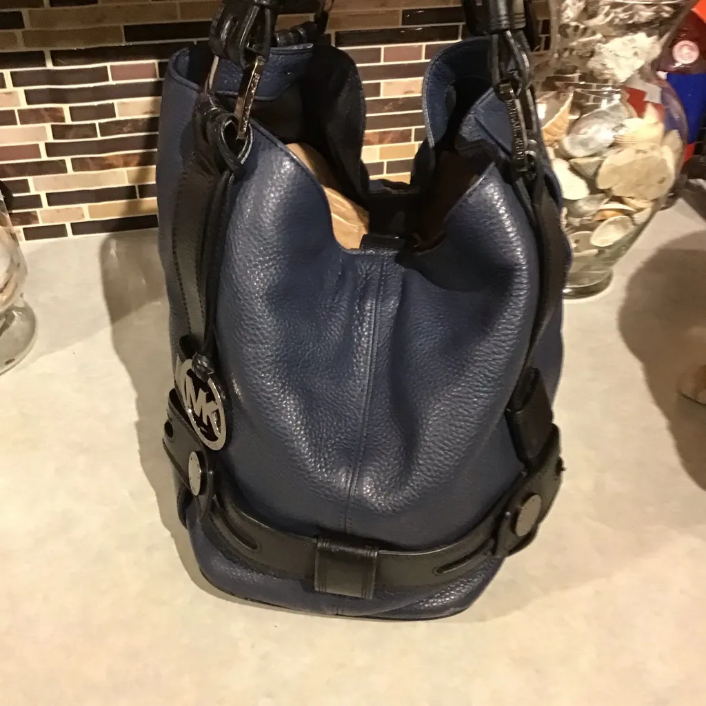 Michael Kors Leather Harness Luggage Grab Bag Satchel Tote Navy Blue - Image 4