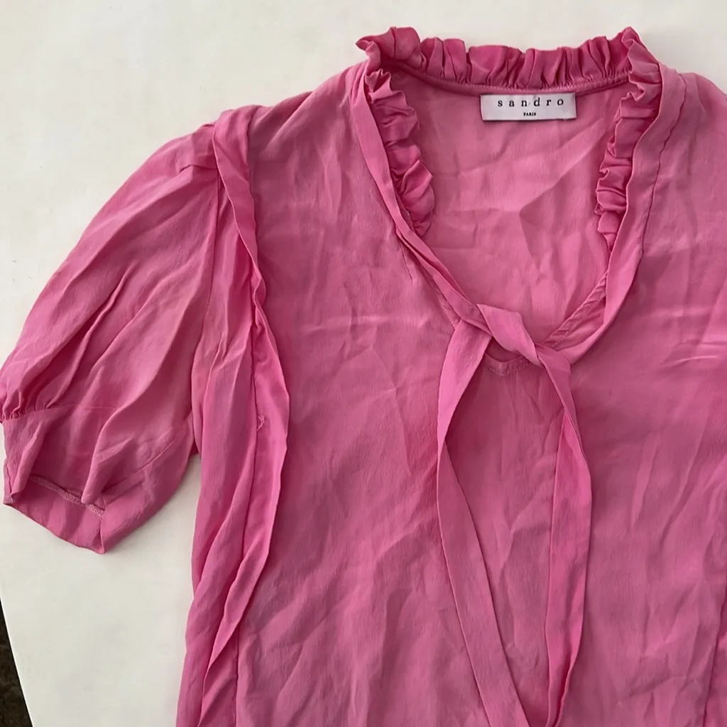 SANDRO 100% Silk Bright Pink Ruffle Romantic Tie Neck Blouse Women's Medium $285 - Image 2